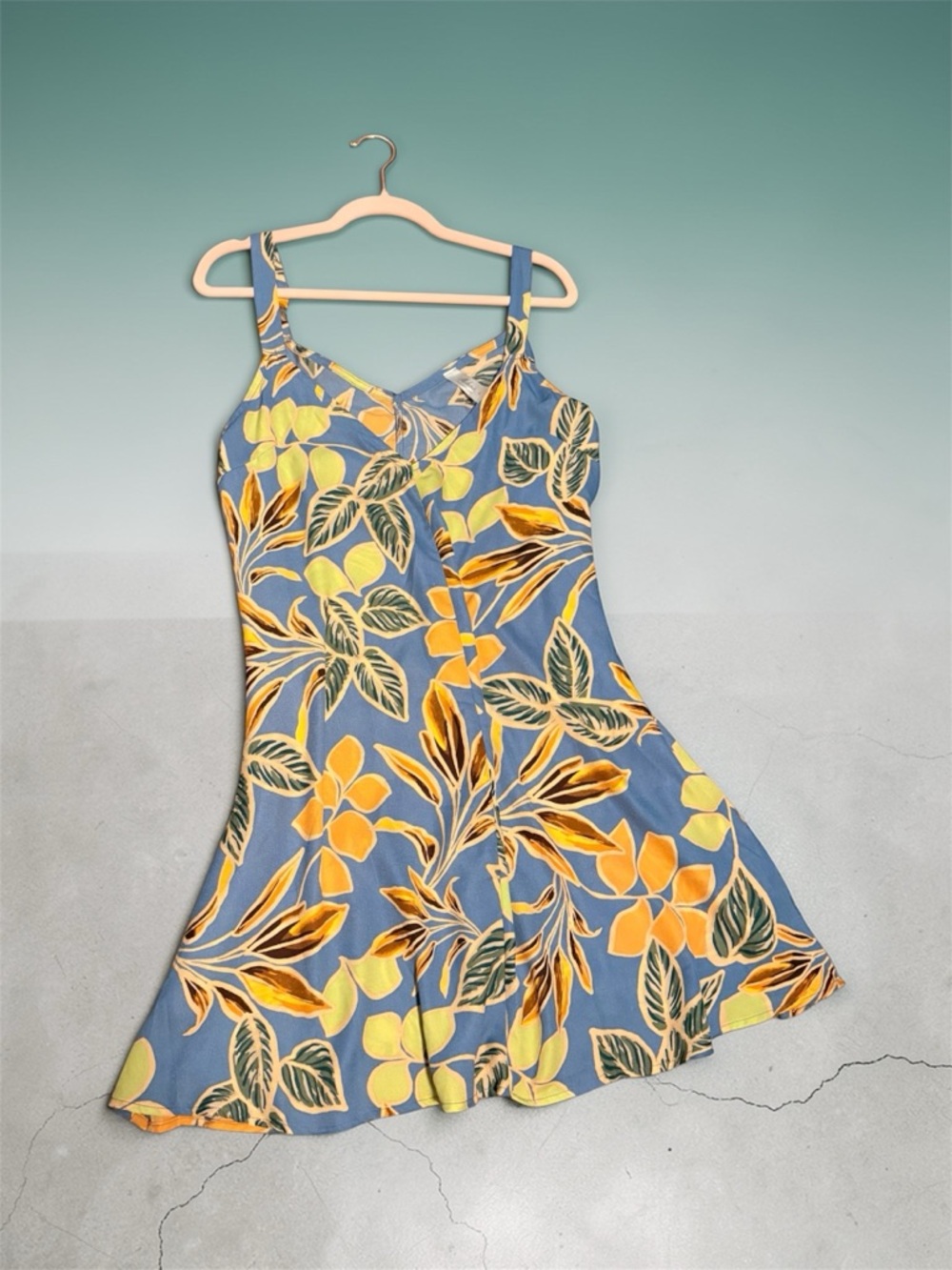 Mahina Blue Floral Swim Coverup or Spring Dress with Yellow & Green Leaf Print - Picture 3 of 6